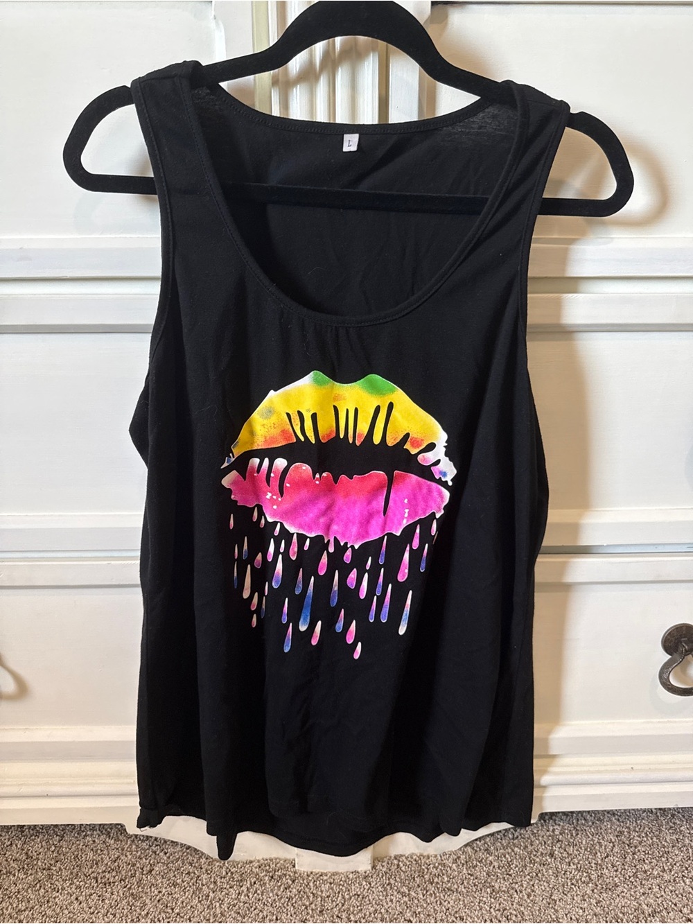 Black Sleeveless Graphic Tank with Rainbow Lip Print